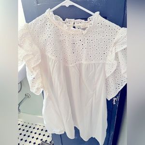 White eyelet ruffle sleeve cotton top